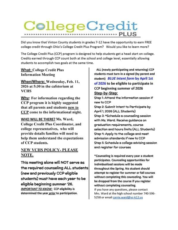 Vinton County Schools Host College Credit Plus Information Meeting Feb. 11