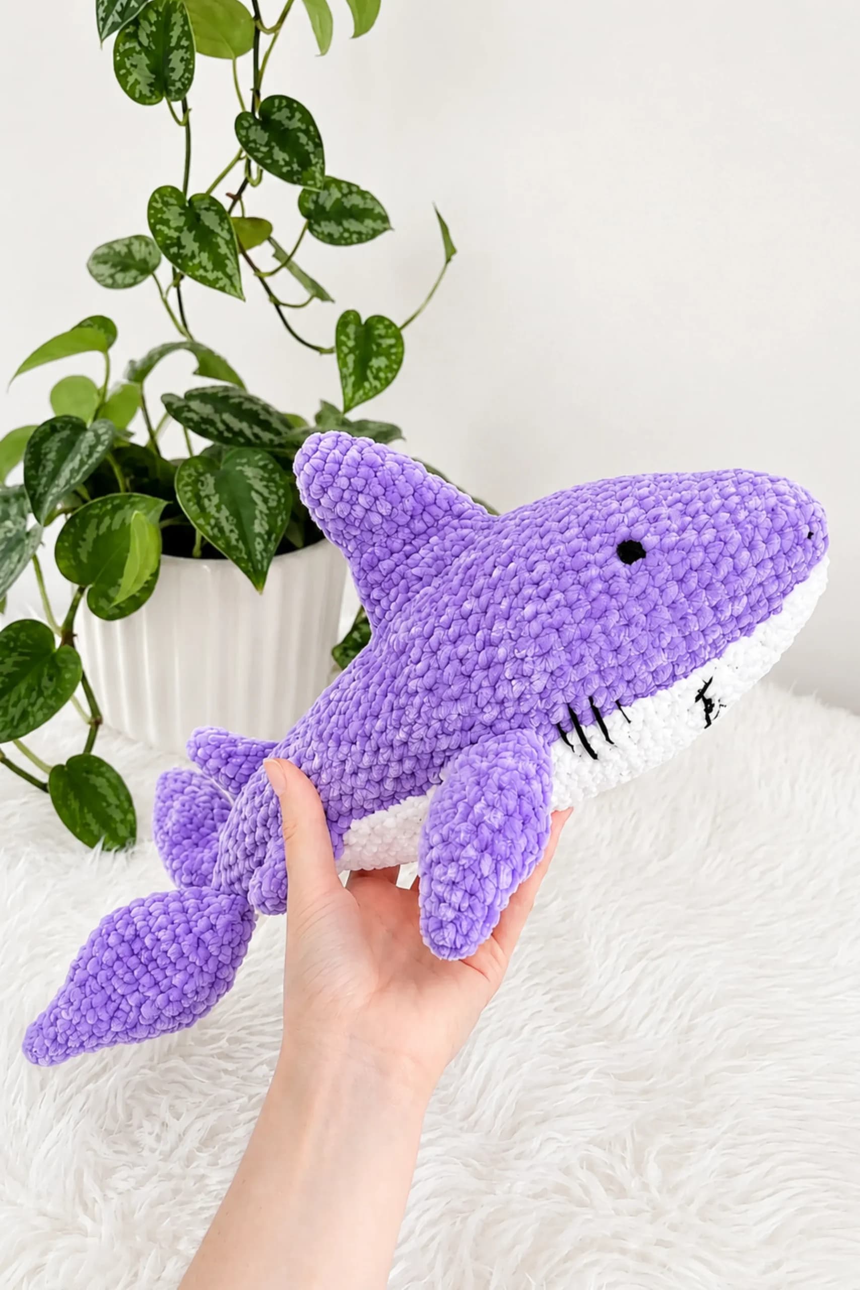 Lilac plush shark amigurumi pattern makes a bold 18-inch gift