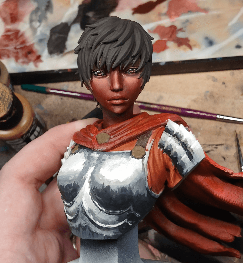 Casca bust gains hair, fabric, and embroidery detail in final pass