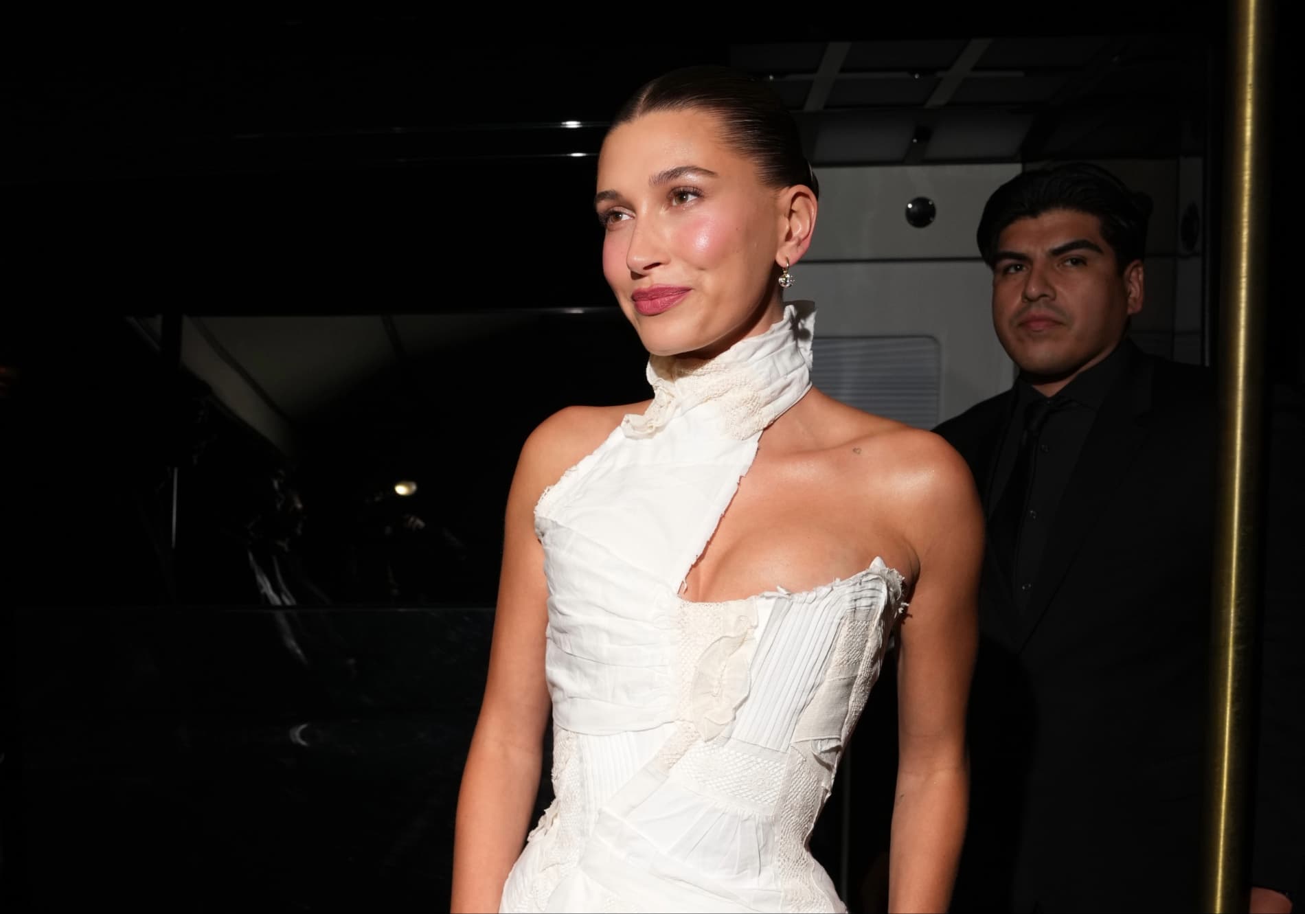 Hailey Bieber kept Met Gala after-party jewelry minimal with delicate drop earrings