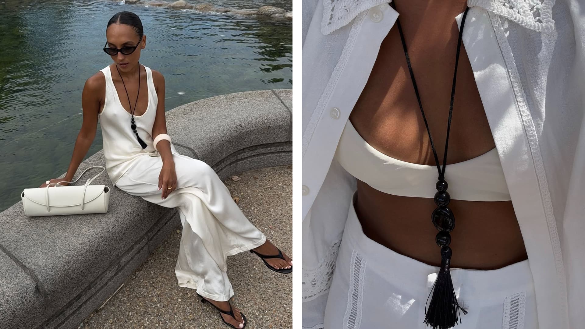 Long pendant necklaces bring layered length to summer outfits