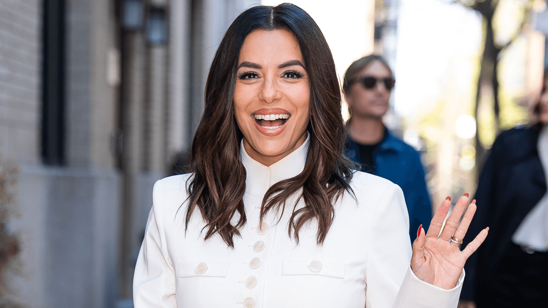 Eva Longoria Debuts Spring’s Military Jacket Trend in New York