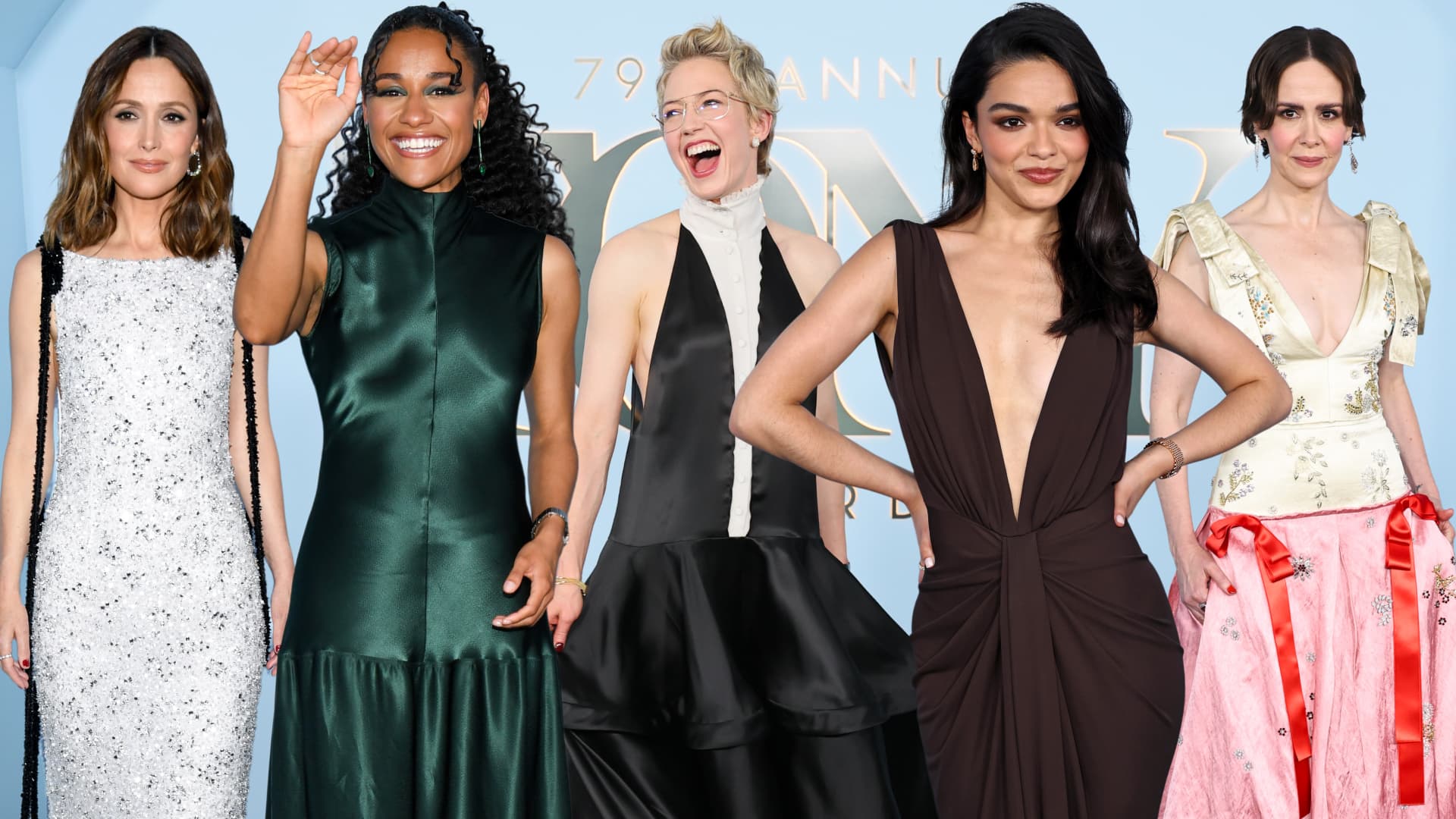 Tonys red carpet shines with metallics, capes and sleek black tie