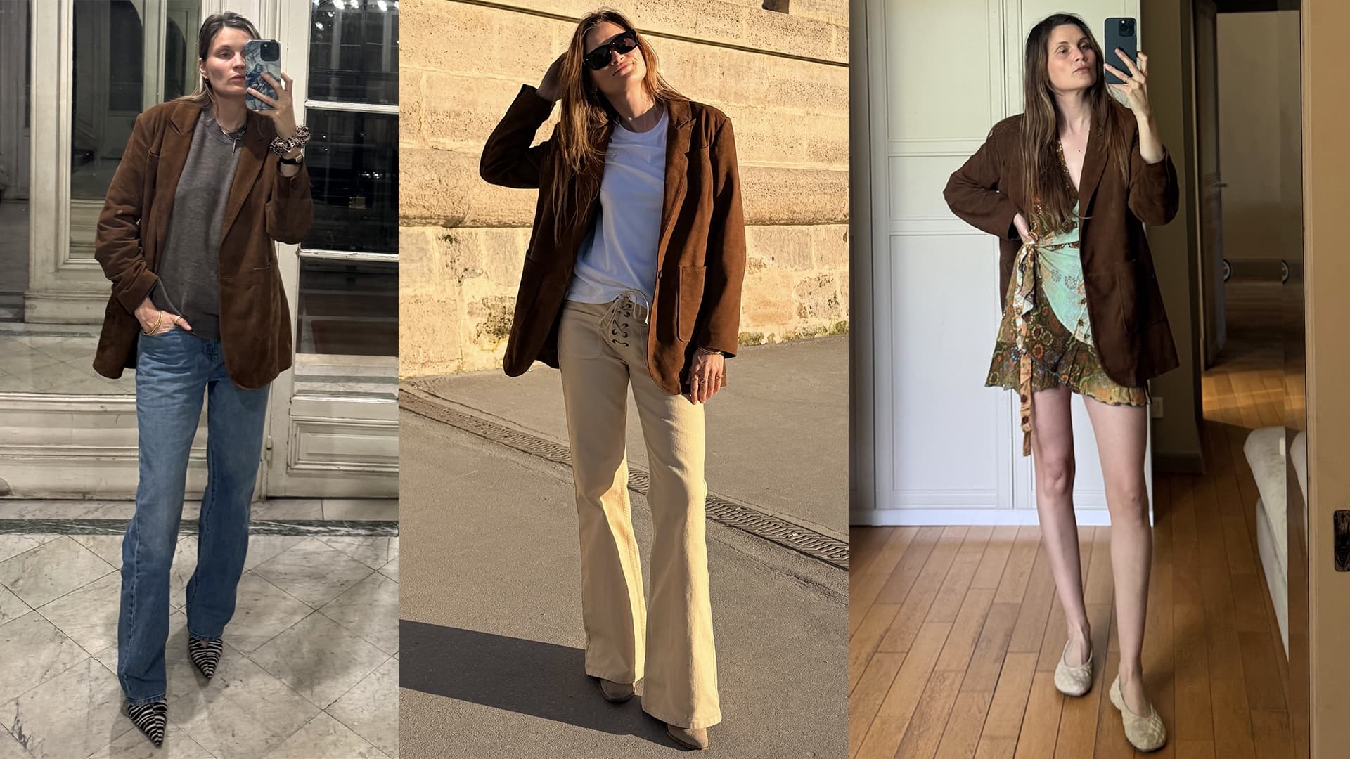 Eugénie Trochu’s brown leather blazer becomes her year-round uniform