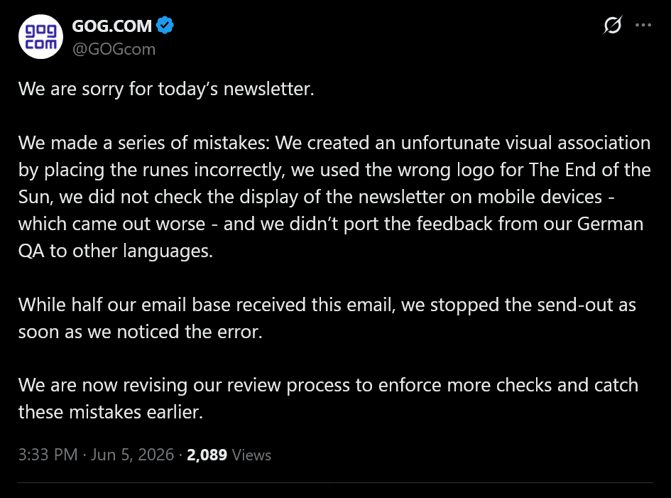 GOG apologizes after newsletter includes Nazi symbols in subject line