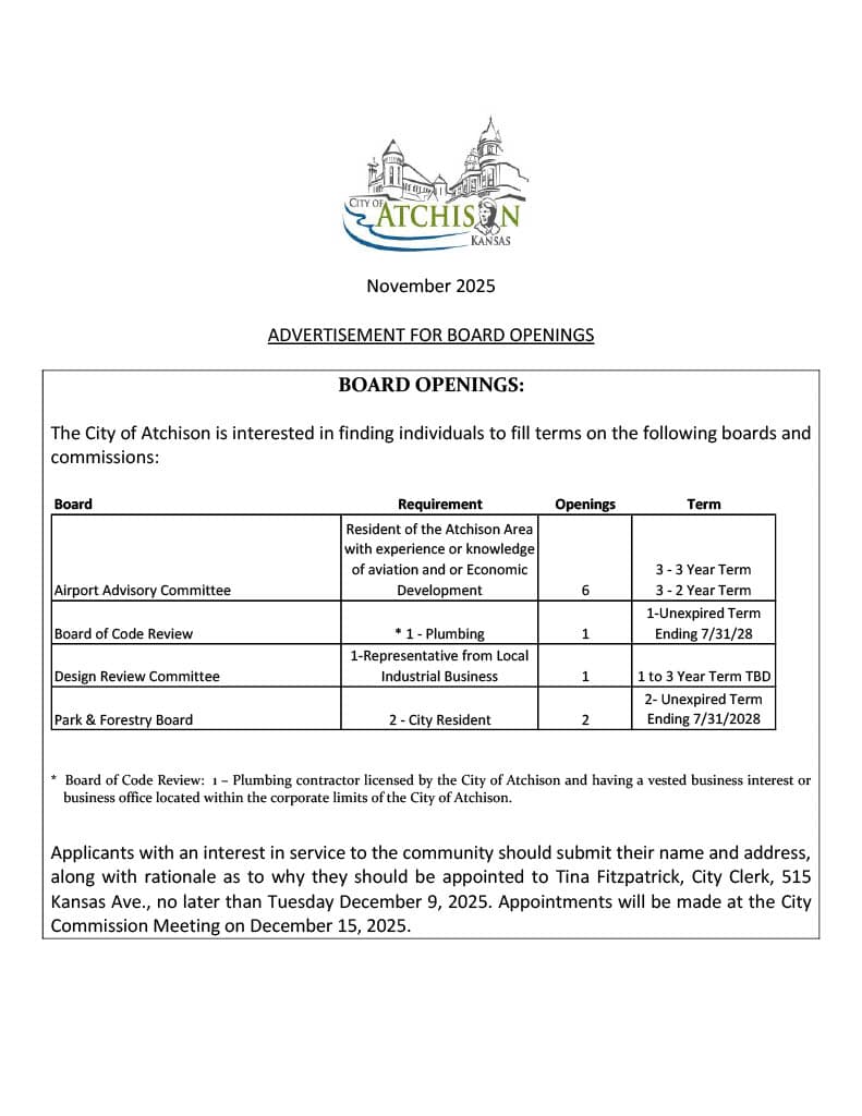 Atchison seeks residents for open city board seats