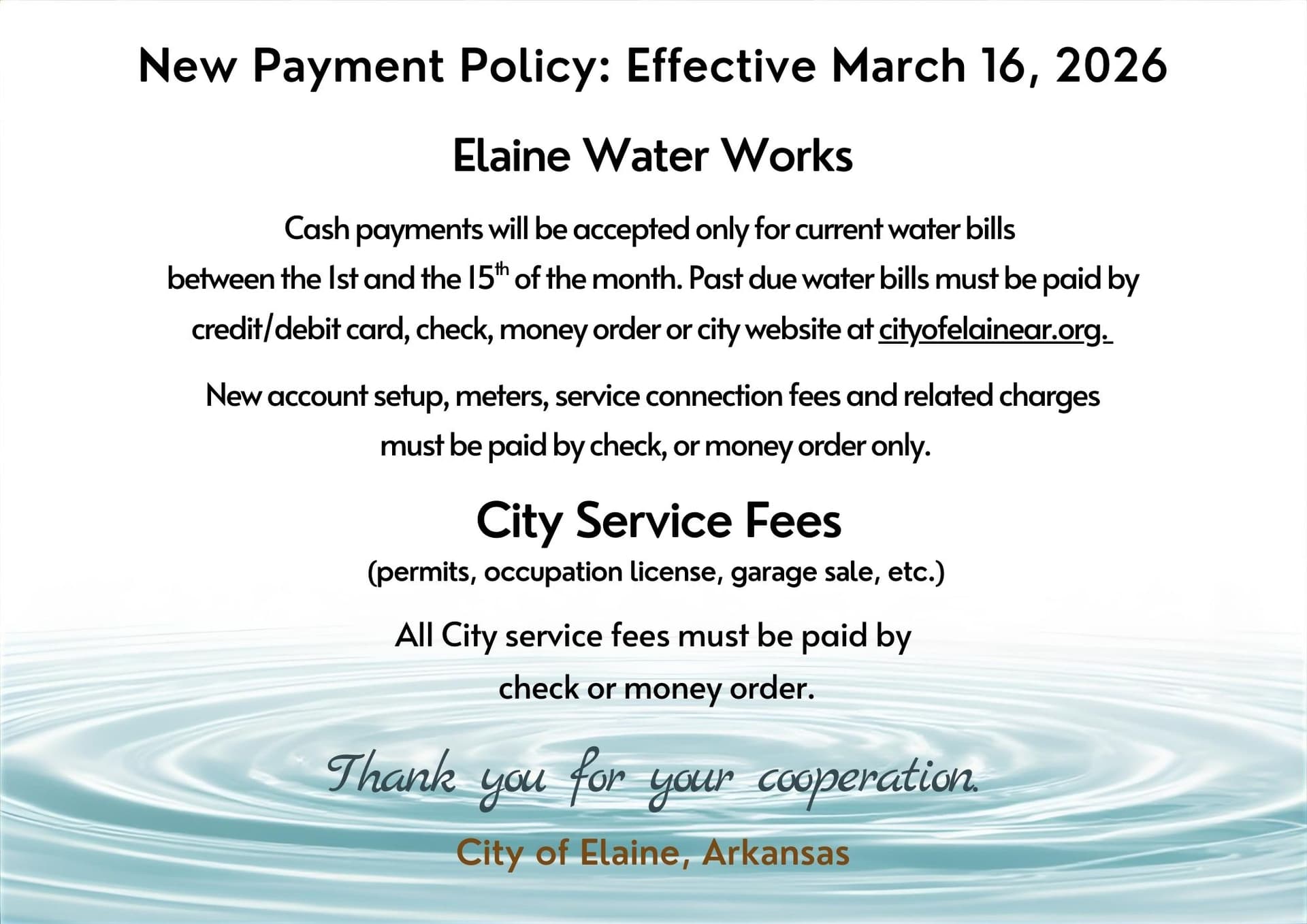 Elaine updates city hall hours, payment options and trash pickup info