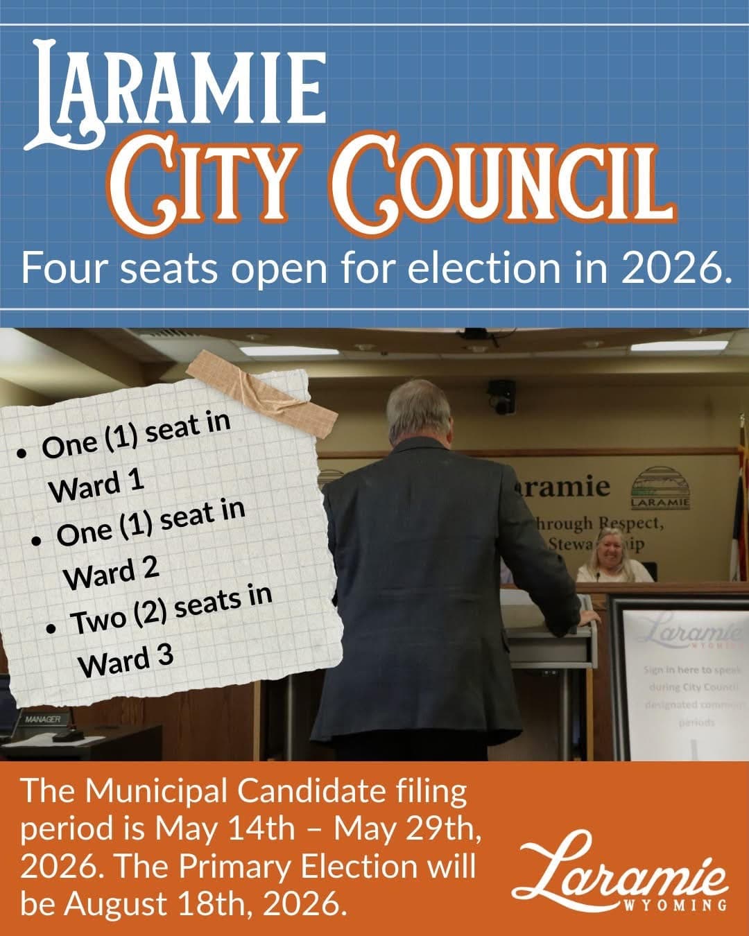Laramie sets filing dates for four City Council seats in November election