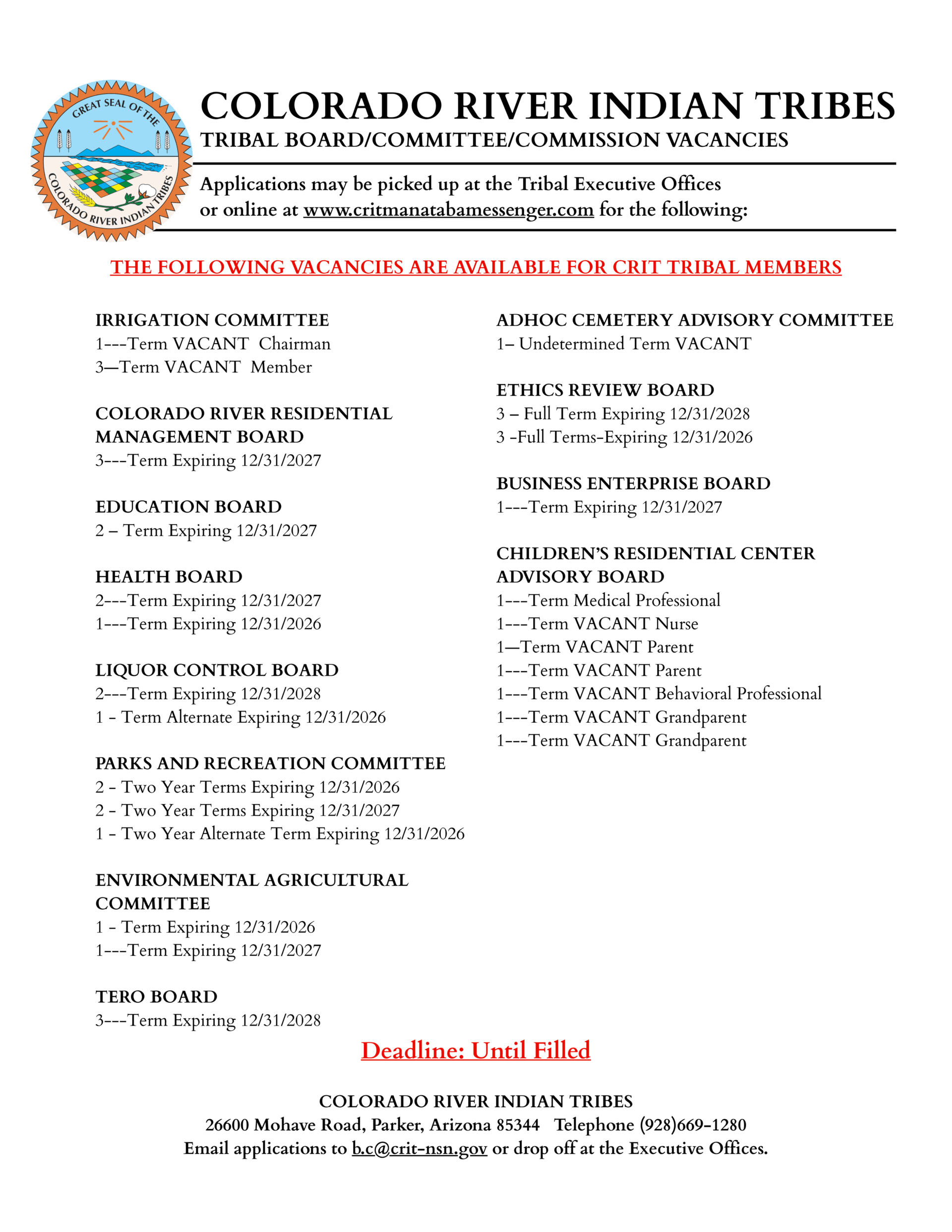 CRIT Announces Multiple Board Vacancies Amid Conflicting Application Deadlines