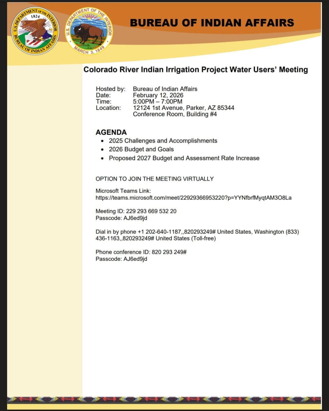 Manataba Messenger Lists BIA Water Meeting, Tribal Notices in Parker