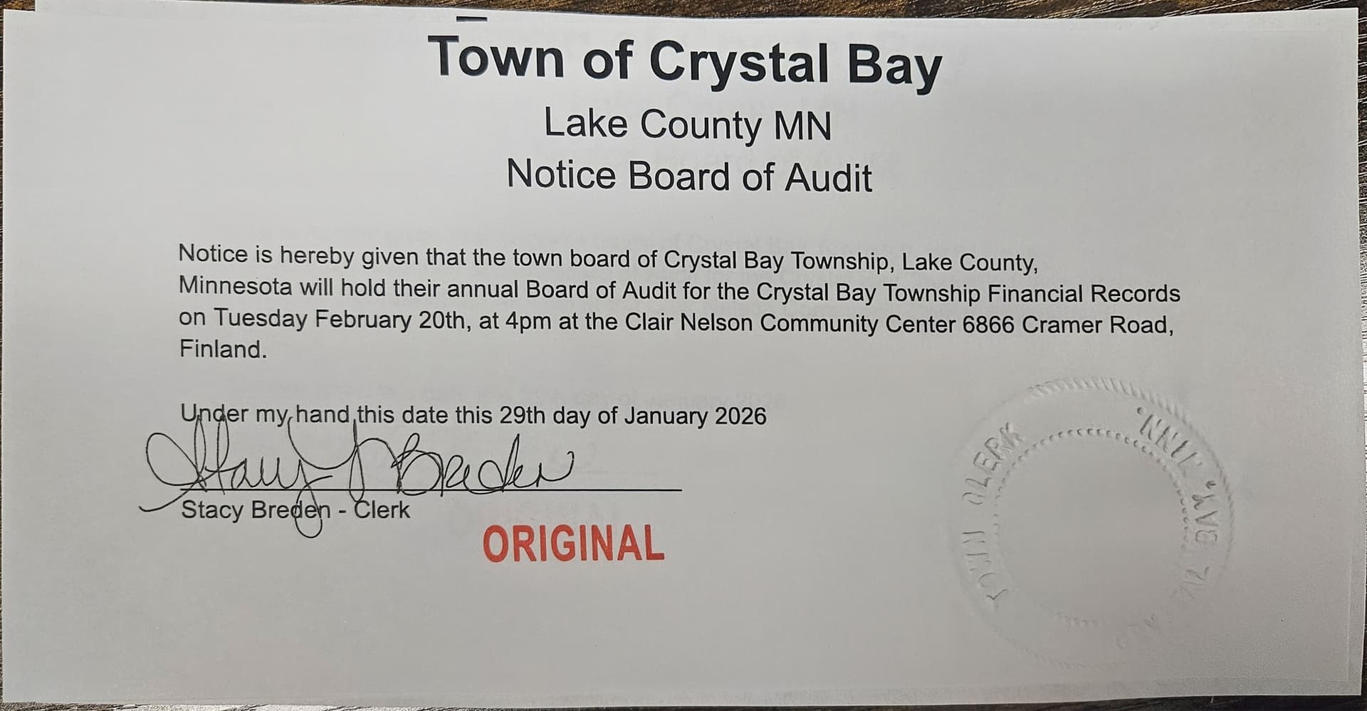 Crystal Bay Township sets July filing dates for 2026 election offices