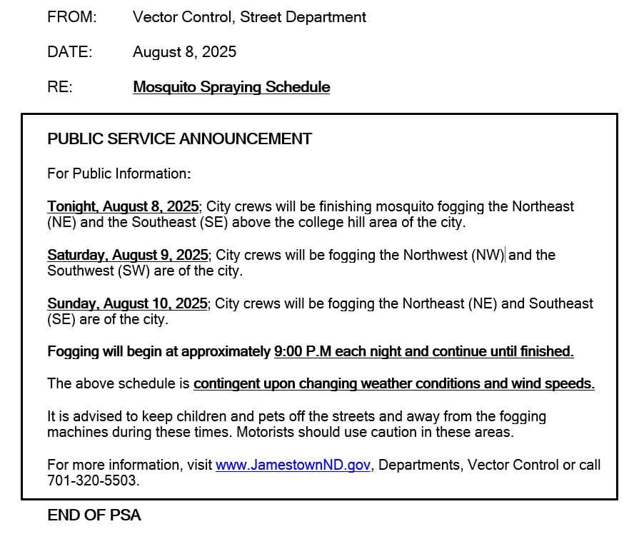 Jamestown City Council to Vote on Aerial Mosquito Spraying Contract April 7