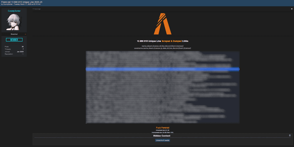 Alleged FiveM Server SQL Dump Exposes Emails, Password Hashes, Game IDs