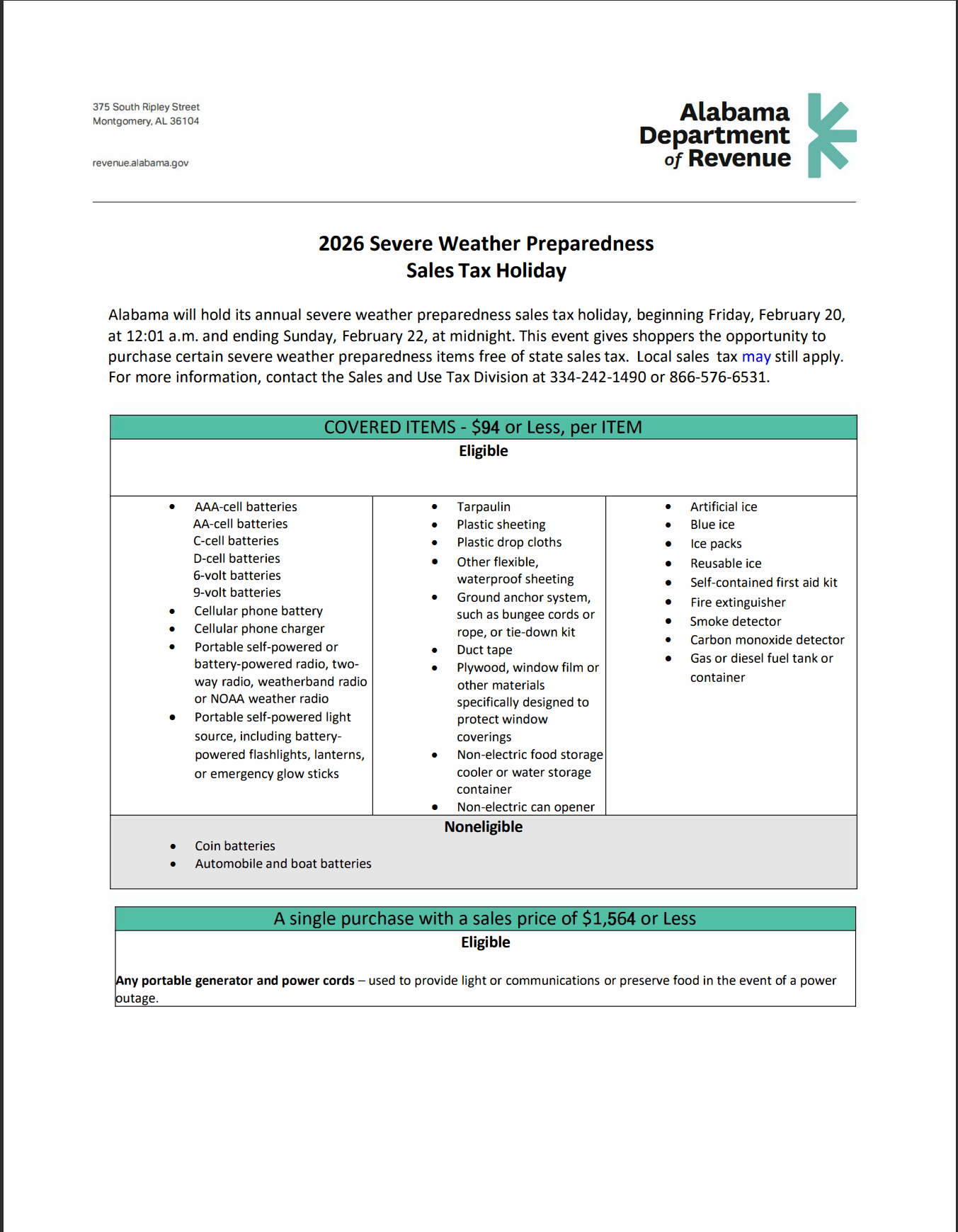 Autauga Officials Remind Residents of Severe Weather Sales Tax Holiday Feb. 20-22