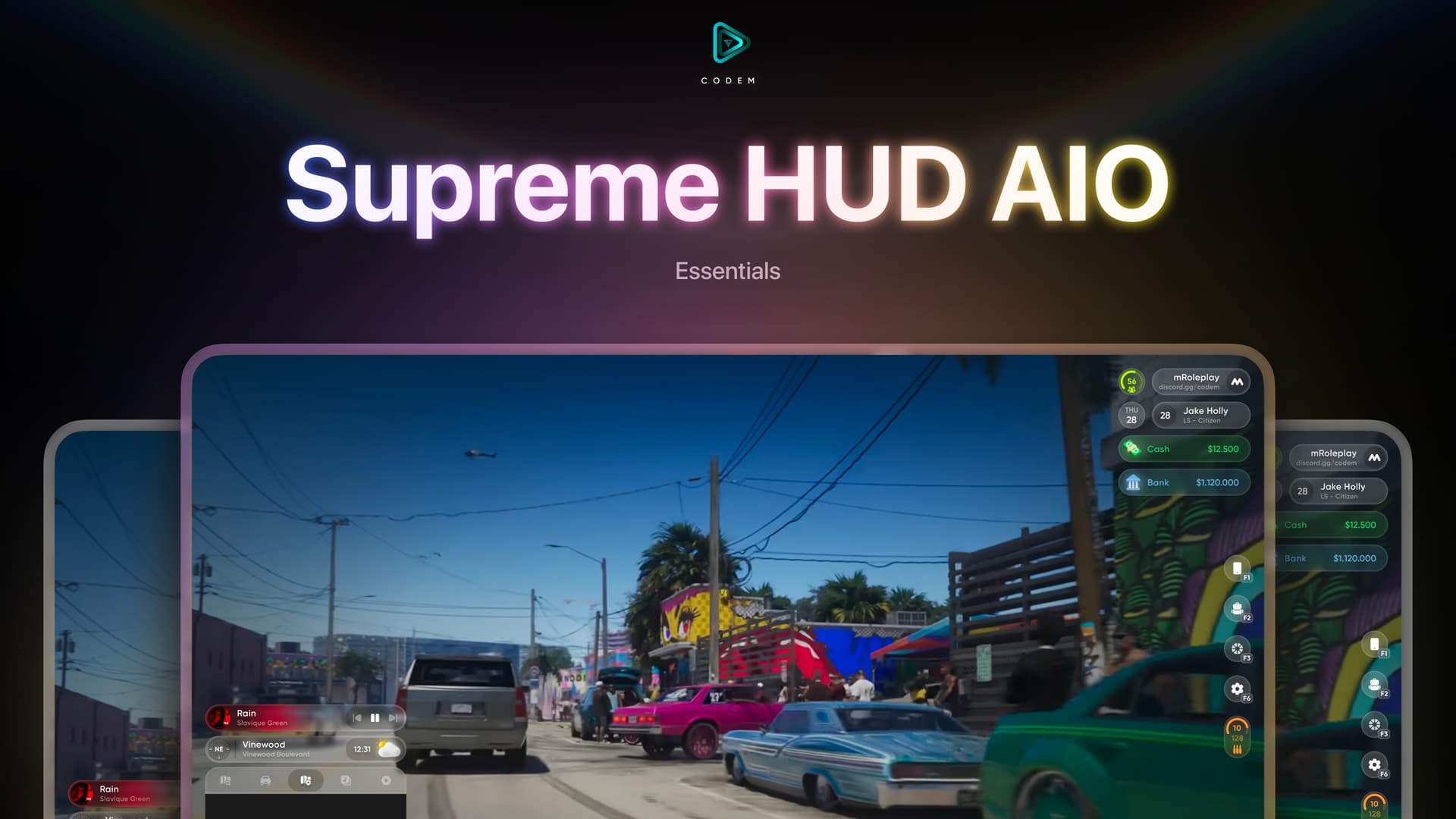 Codem Supreme HUD AIO bundles status bars, speedometers, and roleplay tools for FiveM