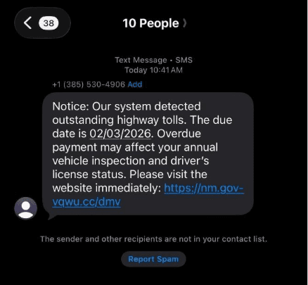 MVD Warns McKinley County Residents of Toll Payment Text Scams