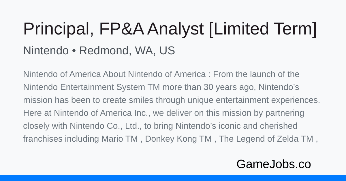 Nintendo seeks FP&A analyst to shape product and regional strategy