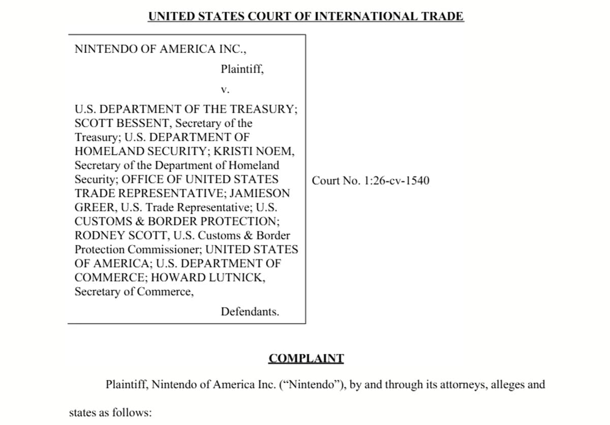 Nintendo of America Sues U.S. Government to Recover 2025 Tariff Payments