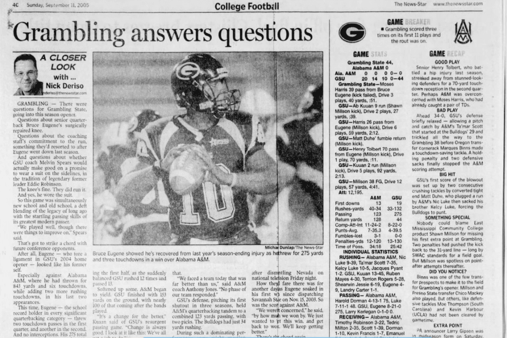 Bruce Eugene’s record-setting arm still defines Grambling State greatness