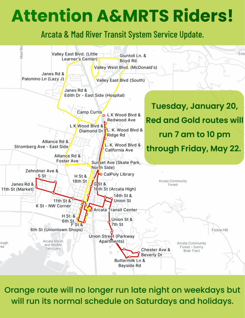 Arcata transit trims late-night service on Orange route through May