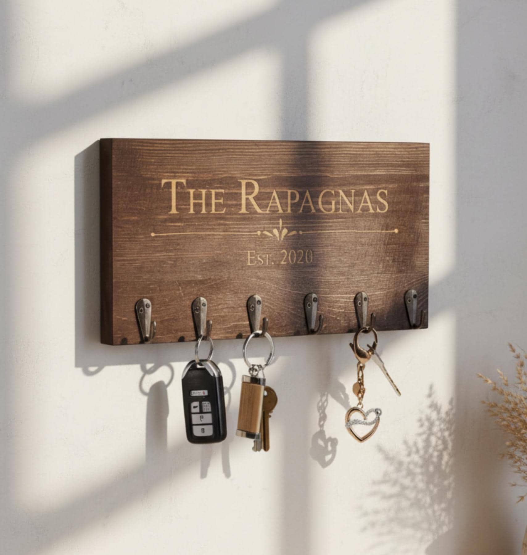 Etsy listing offers personalized engraved wooden key holder for new homeowners