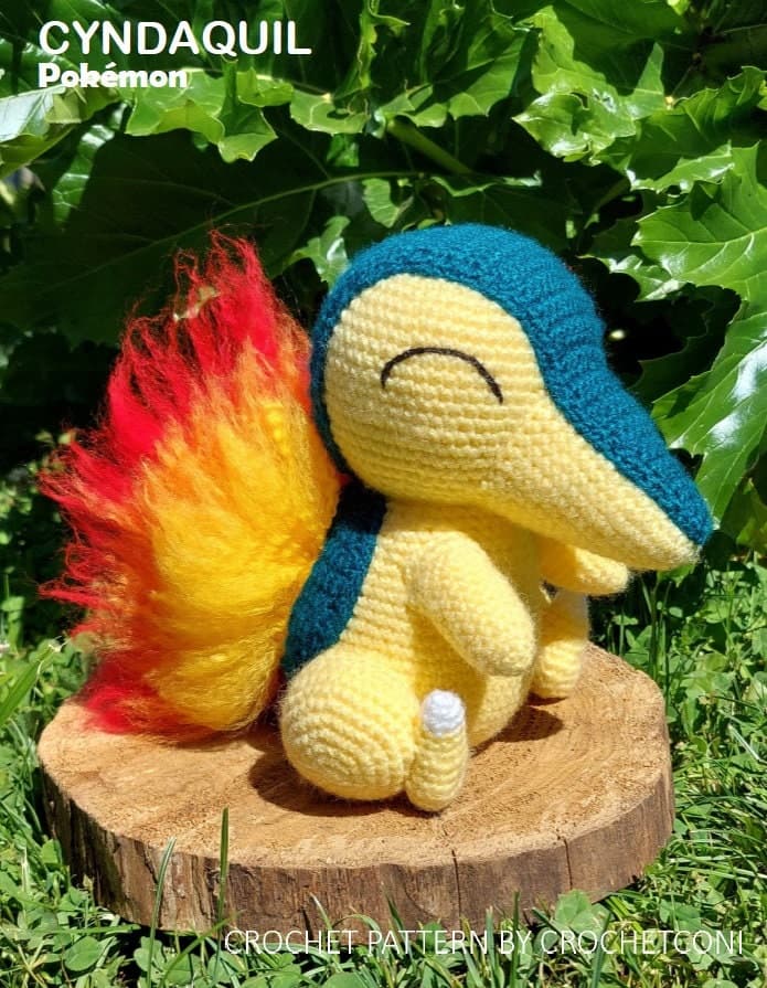 Low-sew Cyndaquil amigurumi adds brushed-yarn flames, two sizes
