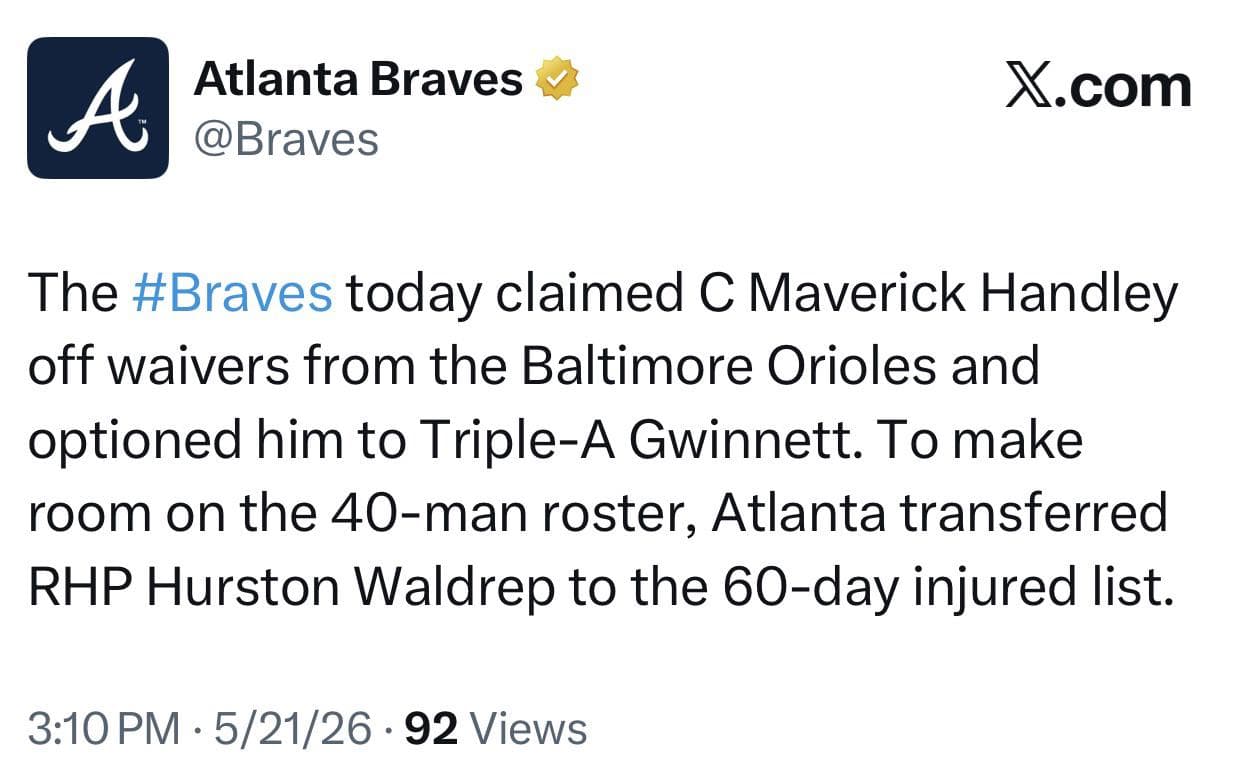 Braves claim catcher Maverick Handley, option him to Gwinnett