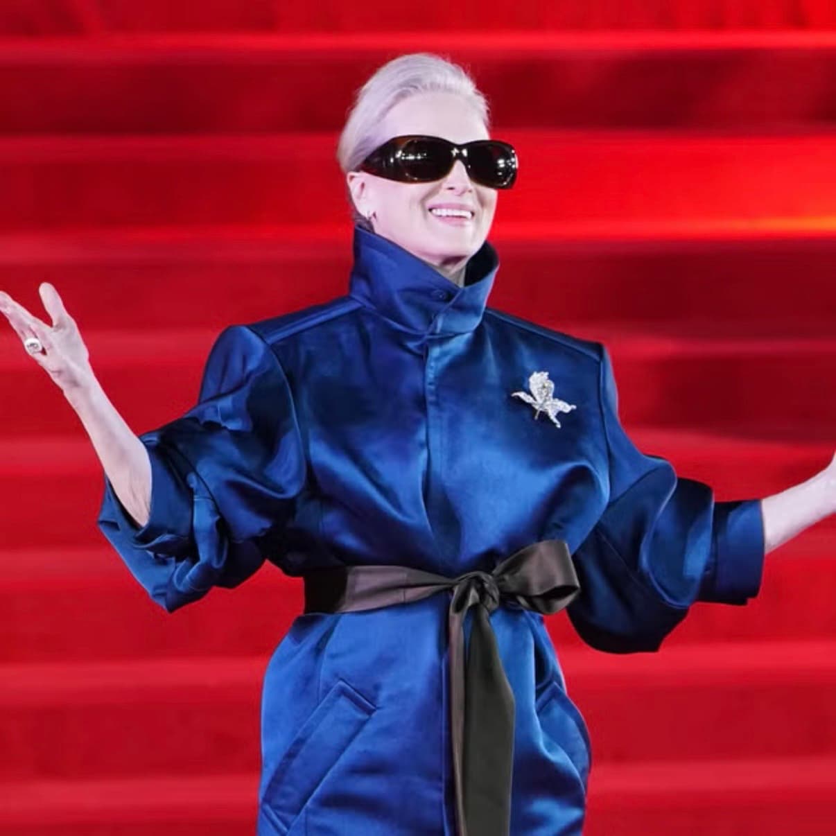 Meryl Streep Wears Cobalt Saint Laurent Coat Dress in Shanghai