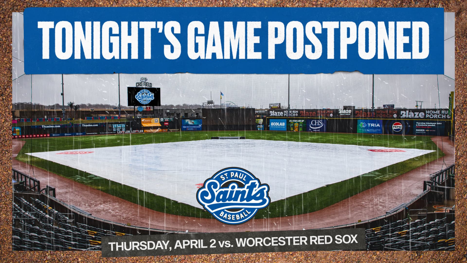 Saints vs. Worcester Red Sox Postponed Due to Wet Grounds at CHS Field