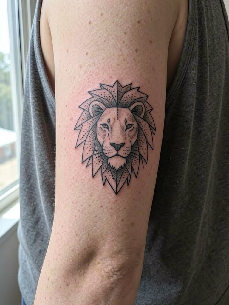 Geometric lion tattoos look bold, but lasting clarity is the challenge