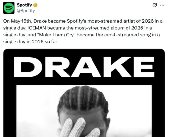 Drake sets Spotify 2026 single-day records with Iceman album and Make Them Cry