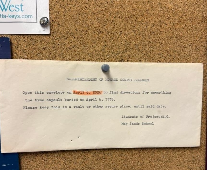 Fifty‑year time capsule envelope to be opened April 6 at May Sands School in Key West