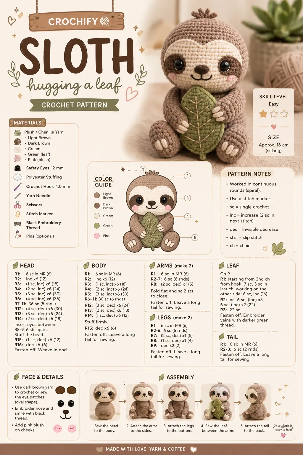 Krochify Sloth Amigurumi Pattern Uses Proportions to Perfect the Face