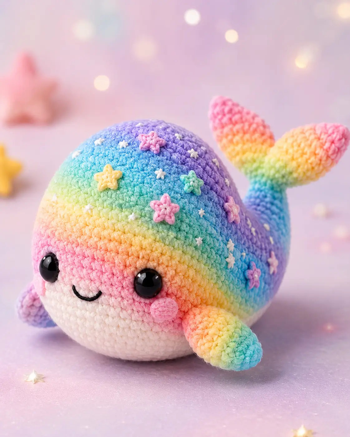 Rainbow whale crochet pattern shapes a sculptural shelf toy