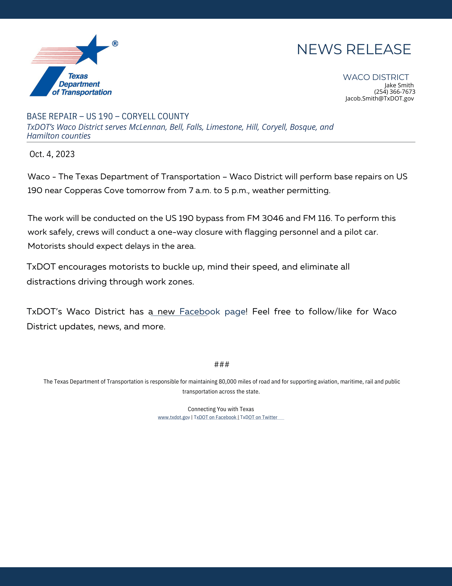 TxDOT Awards Major US 190 Widening Contract in Coryell County