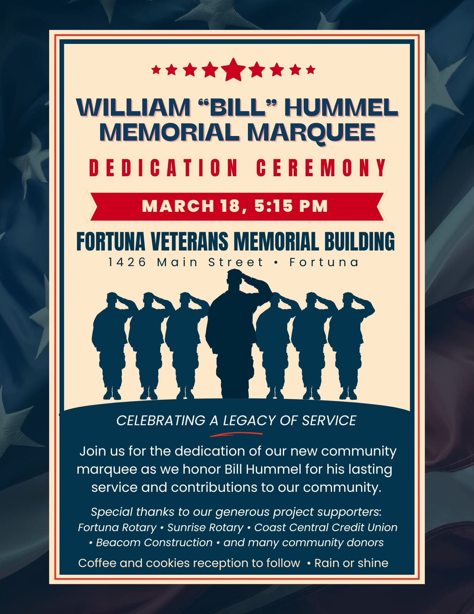 Fortuna to Dedicate Memorial Marquee Honoring Veteran Bill Hummel March 18
