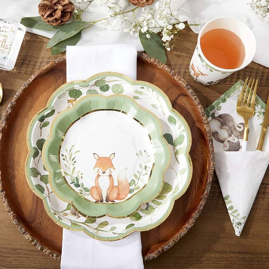 Woodland baby shower tableware keeps decor polished and practical