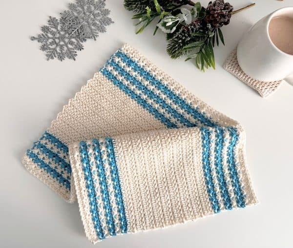 My Crochet Space’s Frosty Days hand towel blends texture and winter style