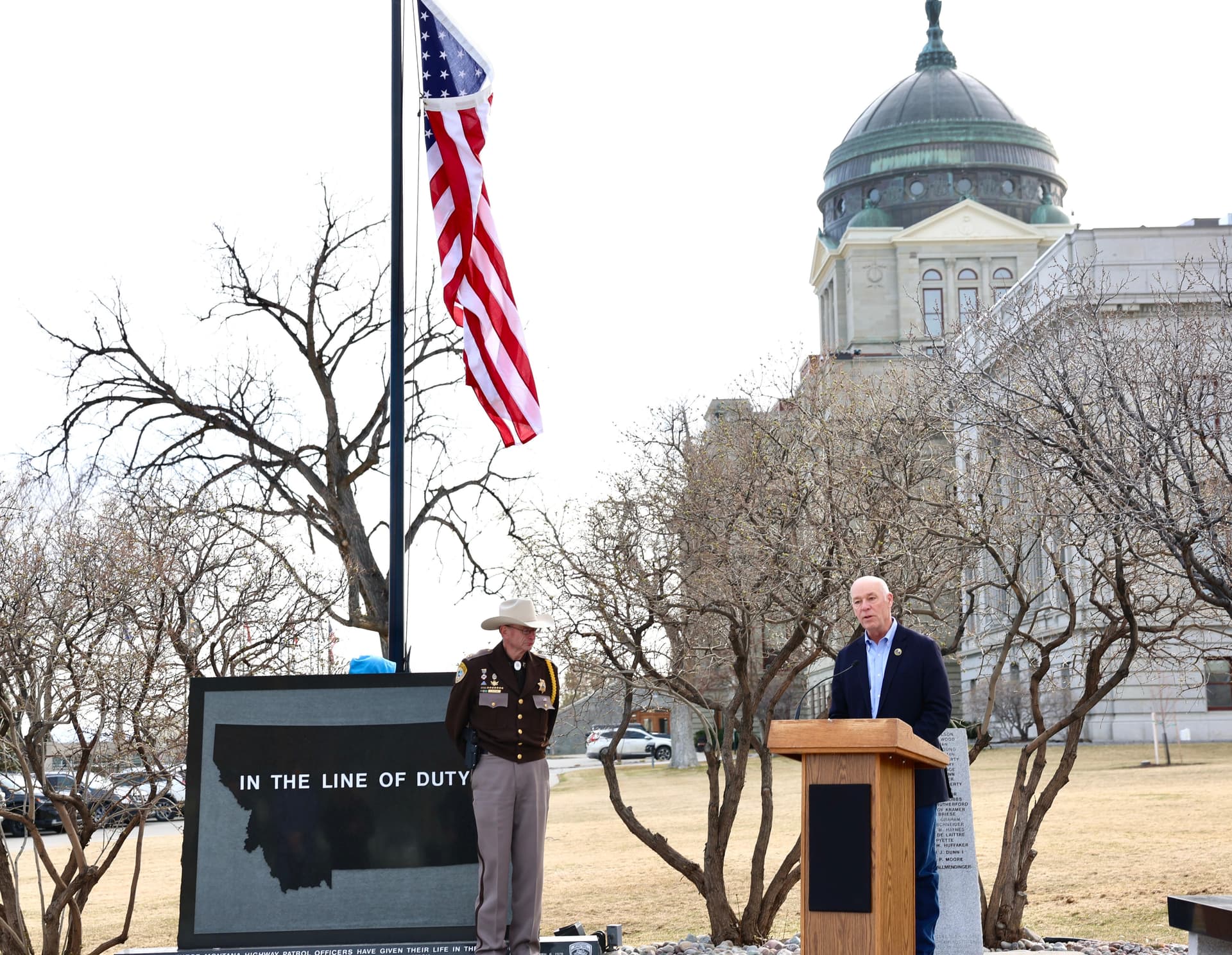 Gianforte, Lewis and Clark County Sheriff Mark Flag Sojourn 250 at Capitol