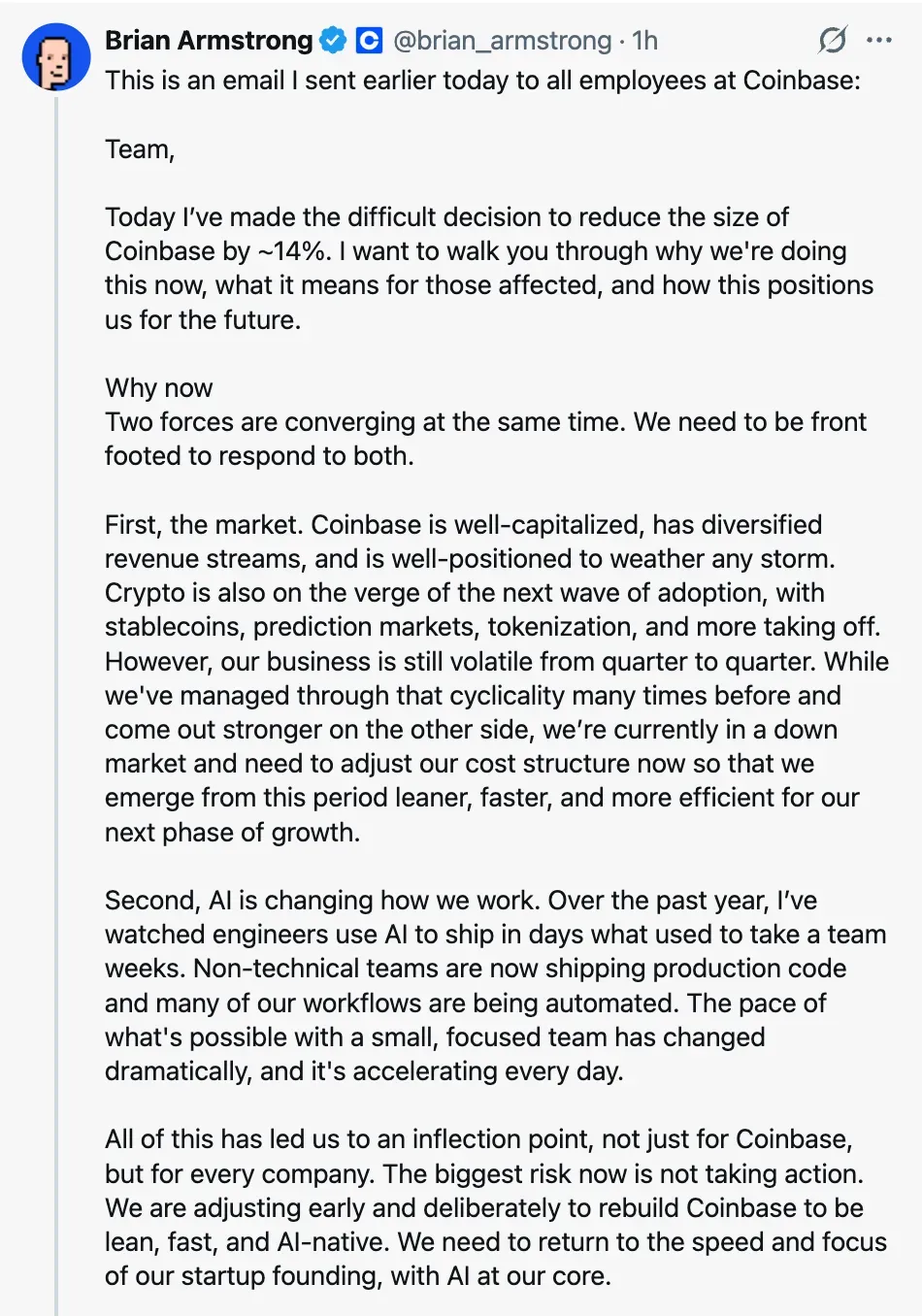 Coinbase to cut 700 jobs, cites weak trading and AI shift
