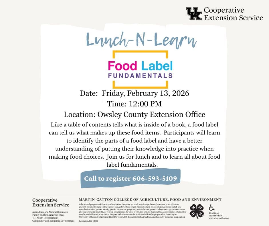 Owsley County Extension Offers Food Label Fundamentals Lunch n Learn Feb. 13