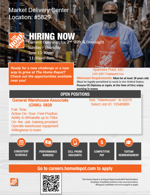Home Depot Hiring Warehouse Associates in Sparrows Point MD at $19.75-$21.25