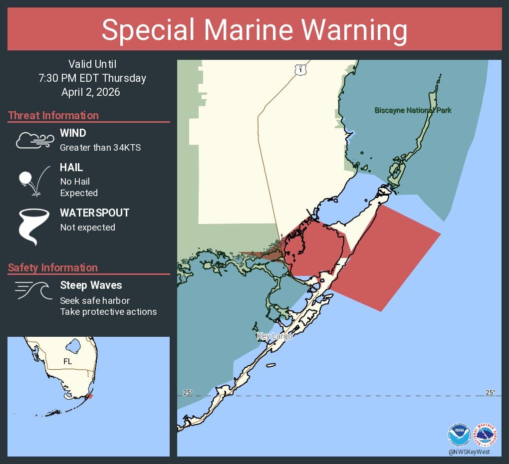 NWS Issues Special Marine Warning for Monroe County Waters Until 7:30 PM