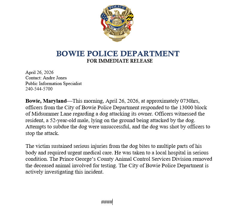 Bowie police shoot dog attacking owner, man hospitalized with serious injuries