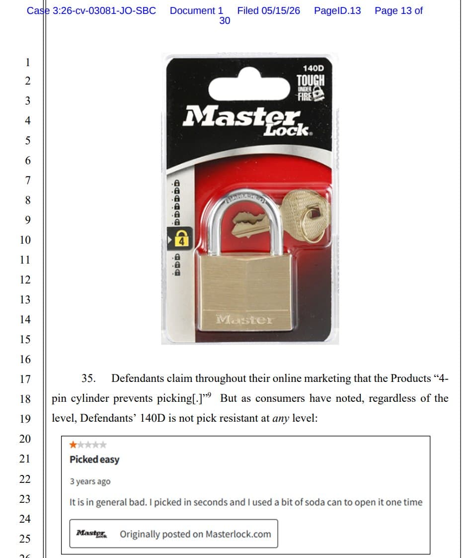 Lawsuit says Master Lock pick-resistant padlocks fall to a $2 comb pick