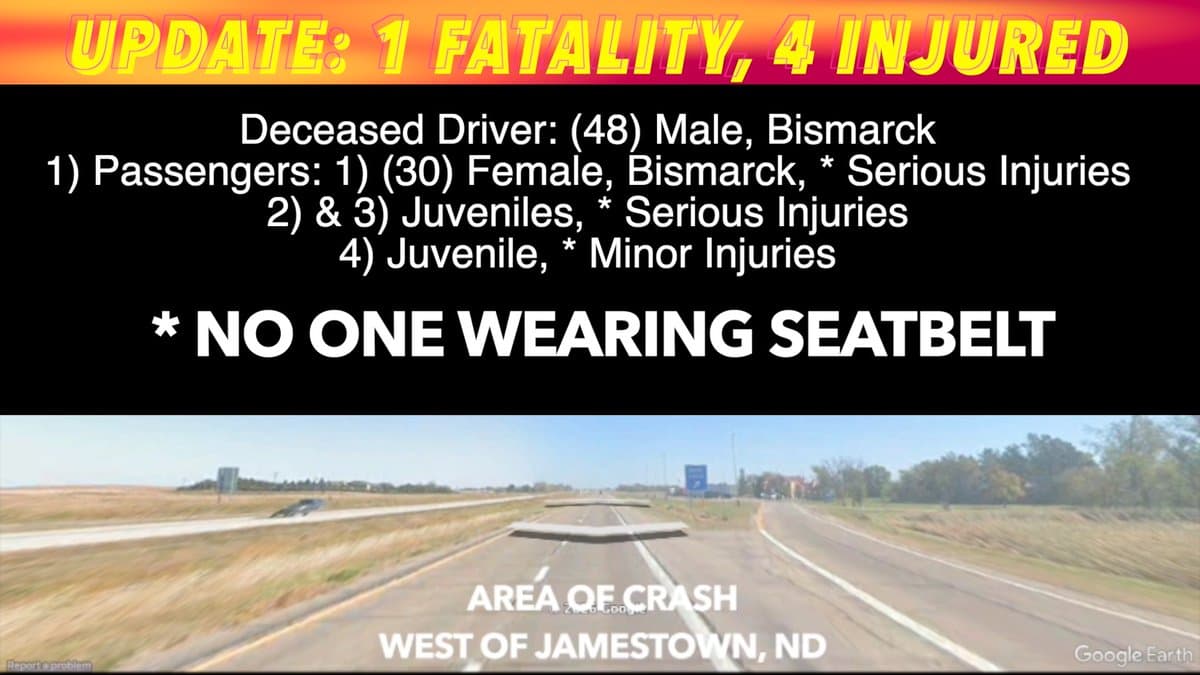 Bismarck man dies, four injured in I-94 rollover near Jamestown