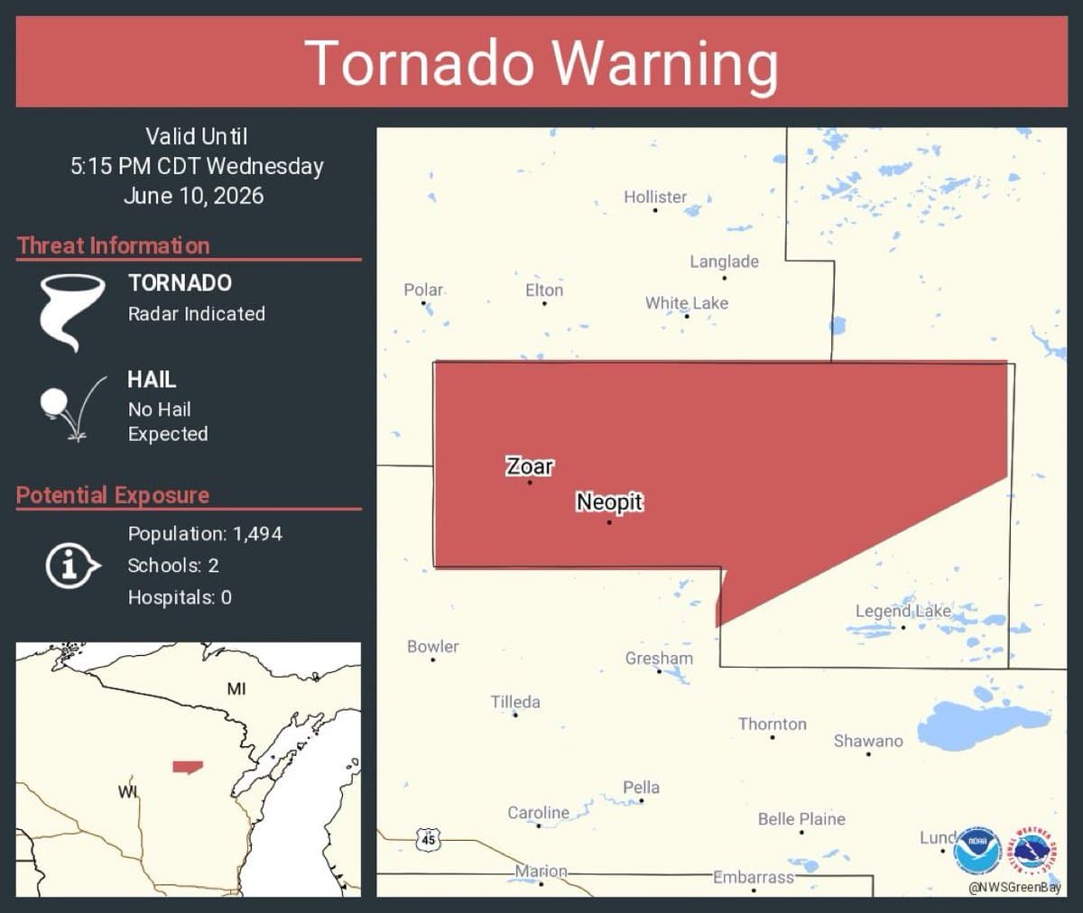 Tornado warnings issued for Neopit, Zoar as storms race northeast