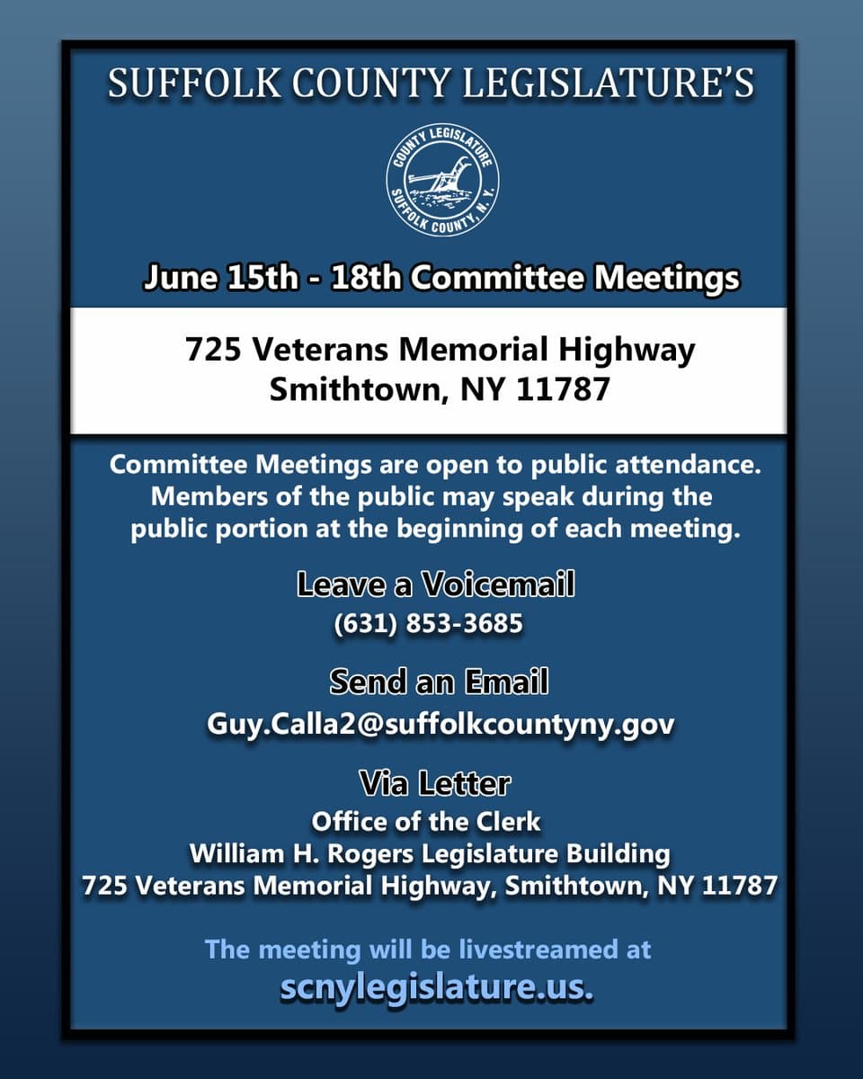 Suffolk Legislature schedules June committee week, invites public testimony