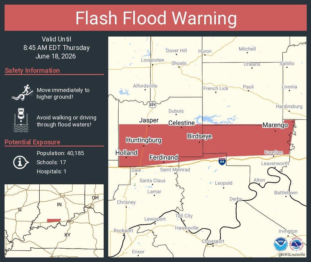 Flash flood warning issued for Jasper, Huntingburg and Ferdinand