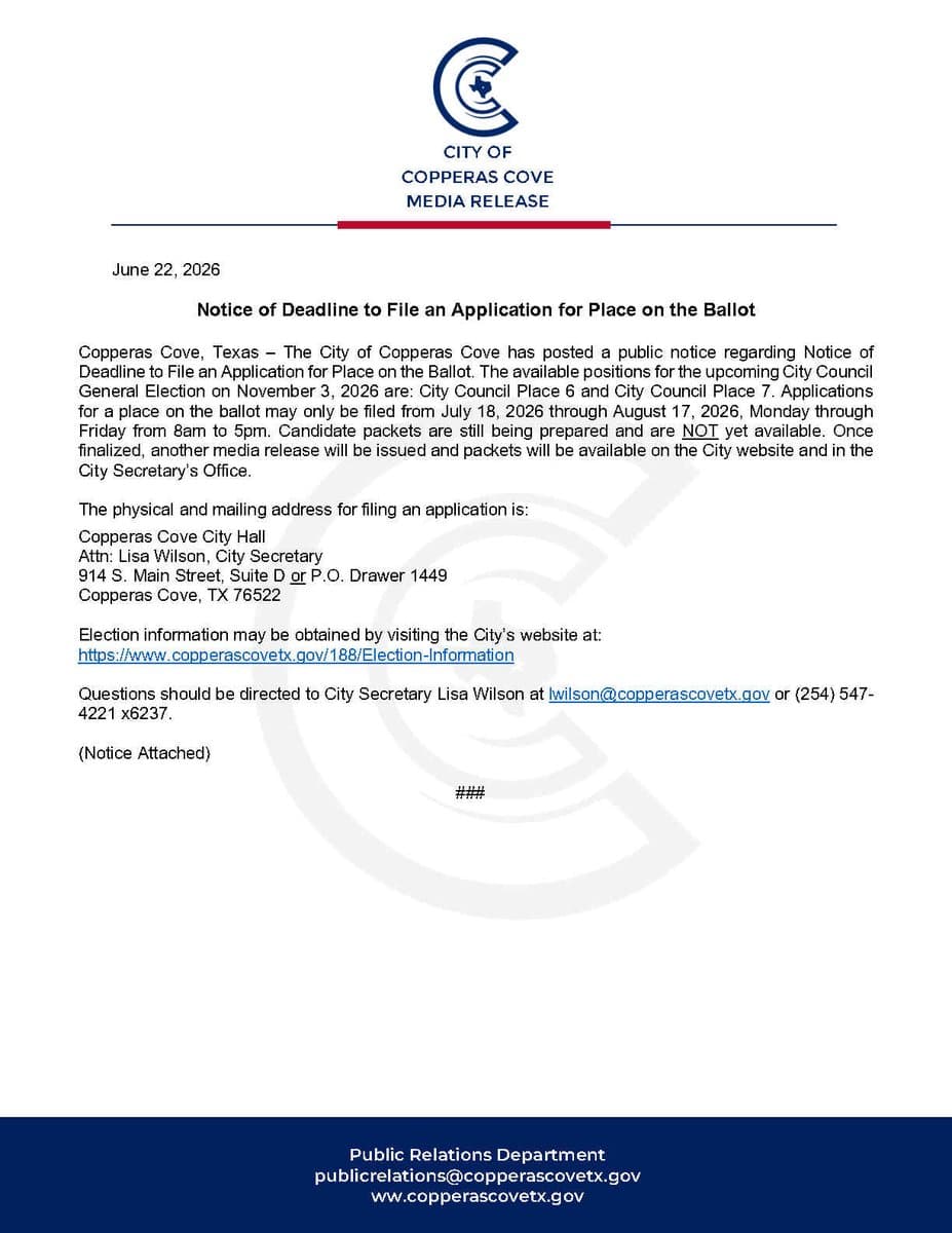 Copperas Cove opens filing for City Council places 6 and 7